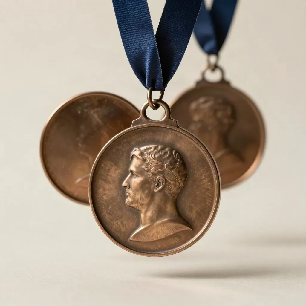 Macro bronze medal set with navy ribbon loop and two companion discs floating on a pale backdrop.