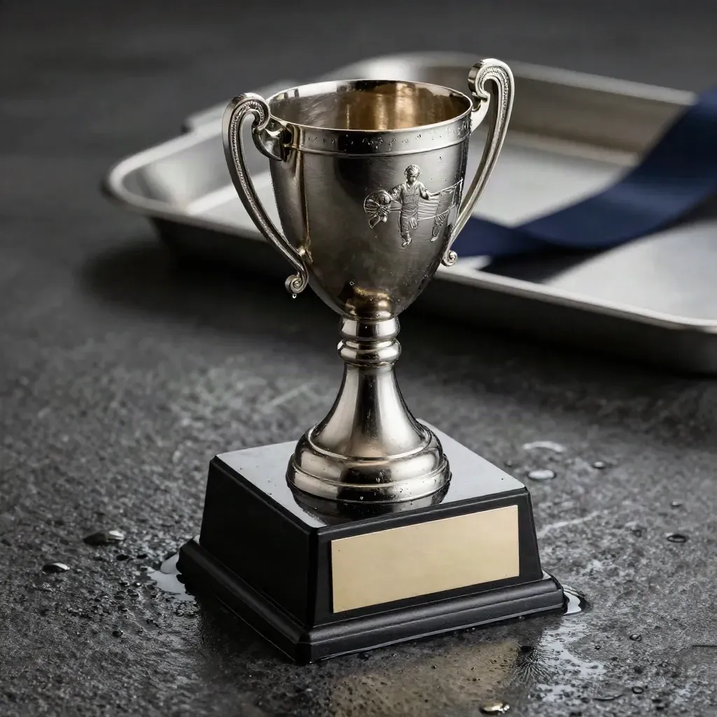 Engraved sports trophy on wet dark stone with ivory highlights and mist beads