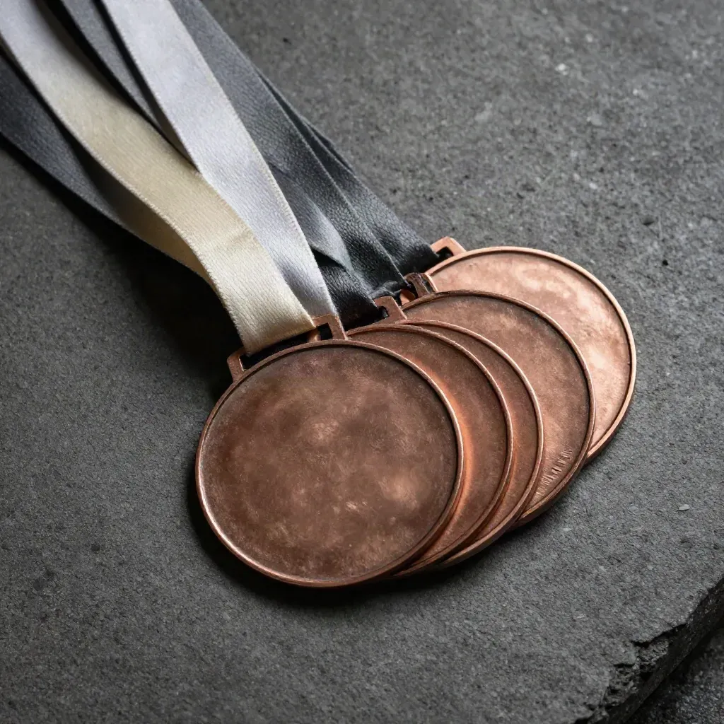 Overhead fan of bronze medal blanks and ribbon loops on charcoal concrete.