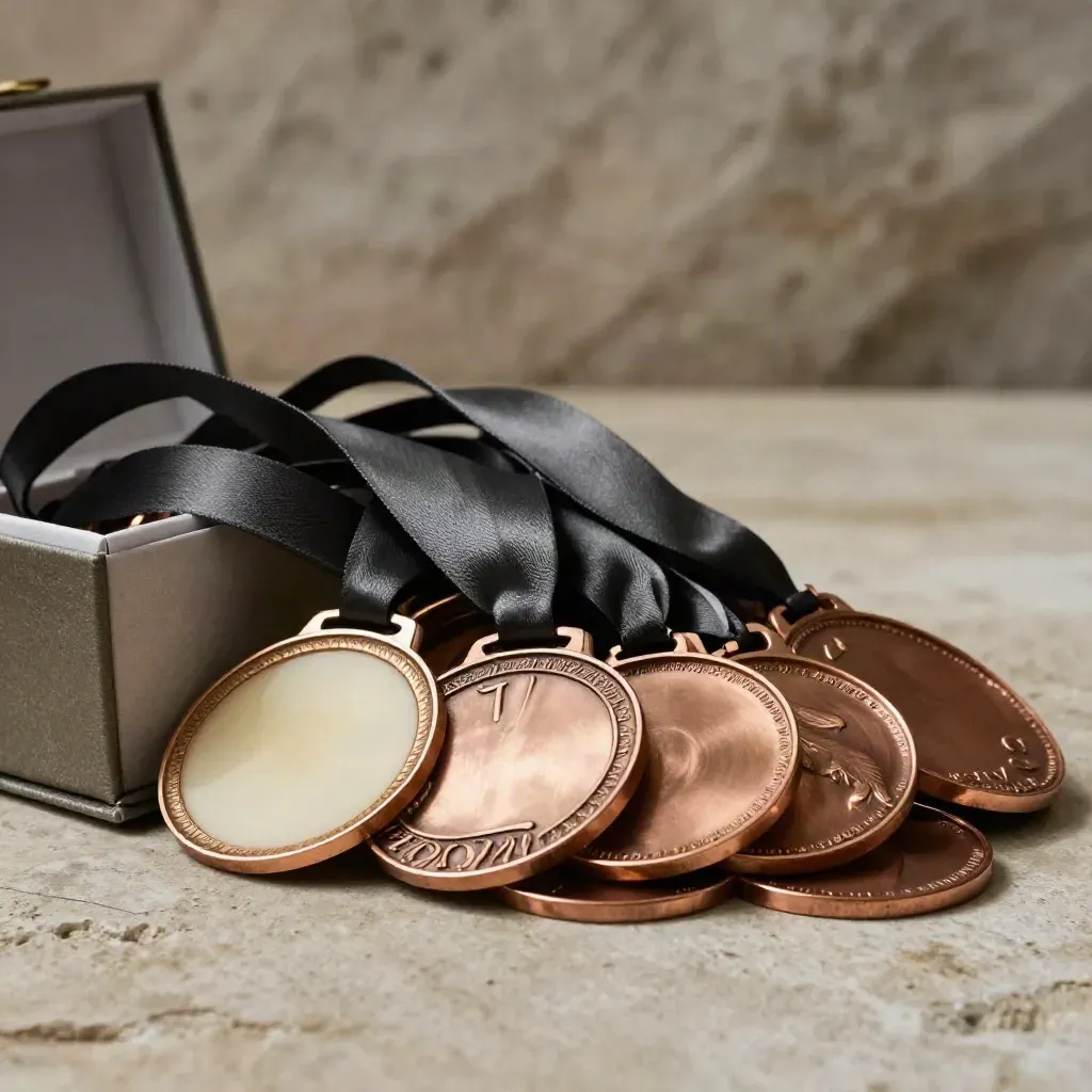 Bursting carton of bronze medals and ribbons on pale stone, lit dramatically in a dark studio.