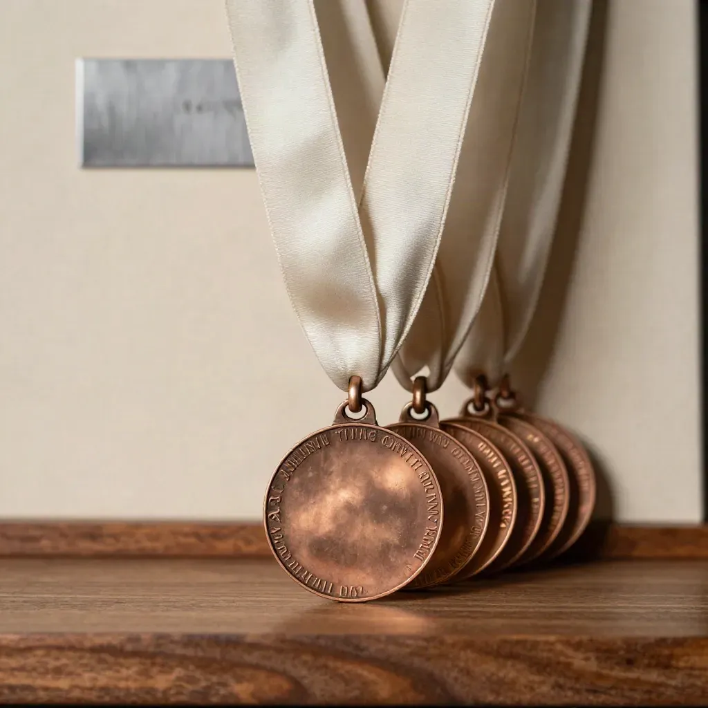 Bronze ribbon medal with satin loop, warm walnut backdrop, soft studio light