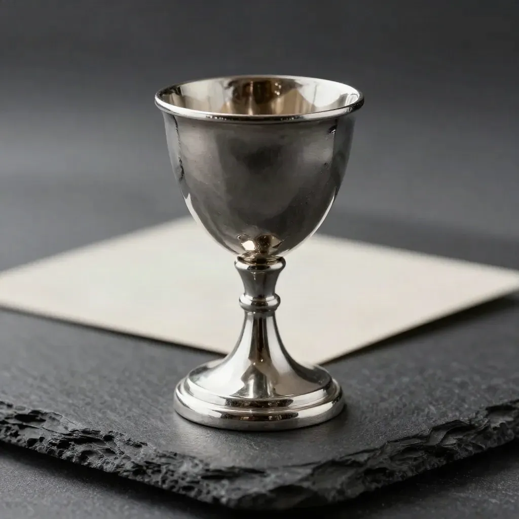 Silver trophy with faceted stem on a dark surface, lit dramatically from above left.
