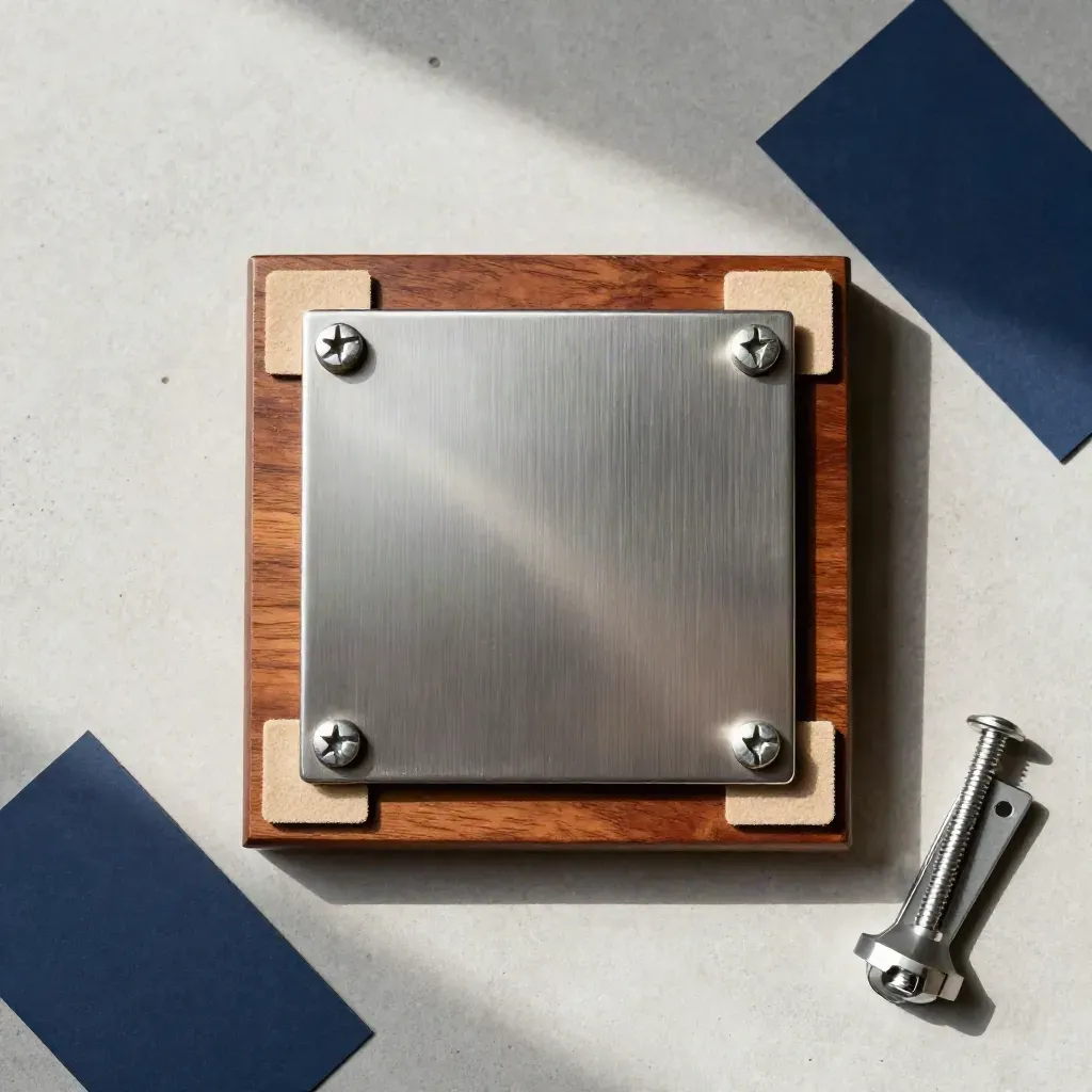 Overhead cherry wood plaque with brushed metal faceplate and neatly fanned hardware on concrete.
