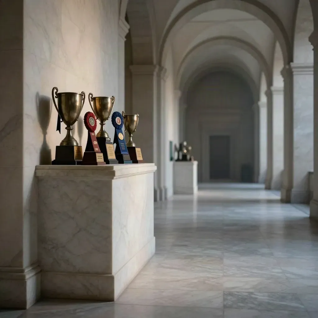 Marble hall with bronze trophies, ribbons, and plaques glowing above a calm open floor.